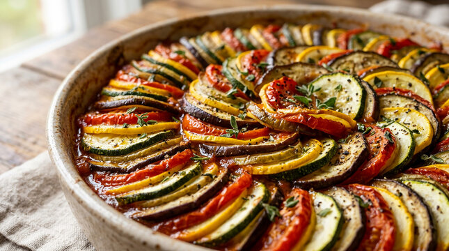 Delicious homemade ratatouille bake with thinly sliced vegetables arranged in a circular pattern in a baking dish