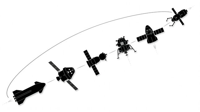 Six Black Nuclear Submarine Silhouettes in Wolfpack Formation &ndash; Angled Surfaced Profiles, Wake Contrails, Periscope Feathers