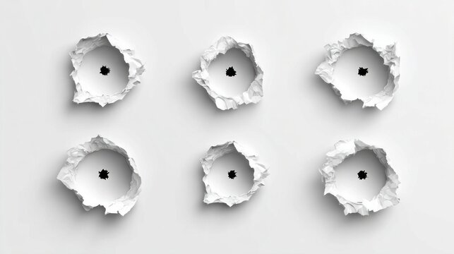Six ragged holes torn in white paper, showing a dark void within each opening