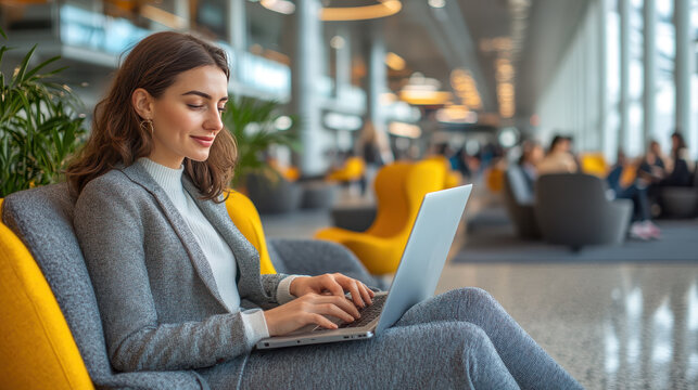Young businesswoman working on laptop while sitting comfortably in a modern airport lounge.