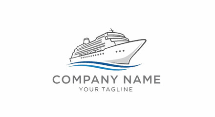 Minimalist cruise ship logo design on blue waves, graphic vector illustration © aninurkha