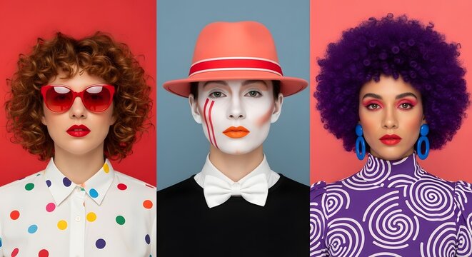 three diverse women in bold colorful makeup and retro fashion on vibrant background