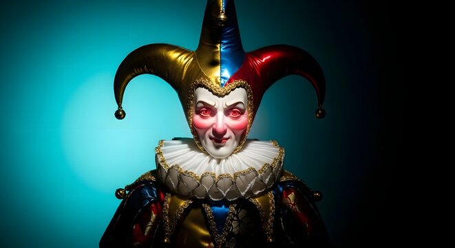 Jester in colorful costume with dramatic makeup and lighting