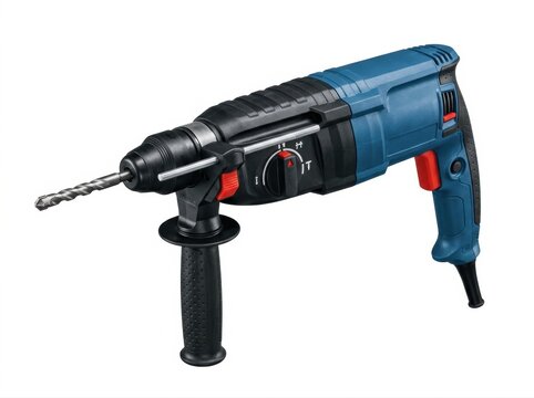 Blue and black rotary hammer drill with drill bit on a white background