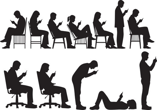 Silhouette people using smartphones in various sitting and standing postures, modern mobile addiction concept vector illustration isolated on gray background