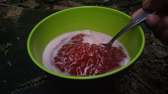 Coconut milk pearl porridge, a traditional Indonesian dish made from chewy sago pearls with a splash of coconut milk sauce.