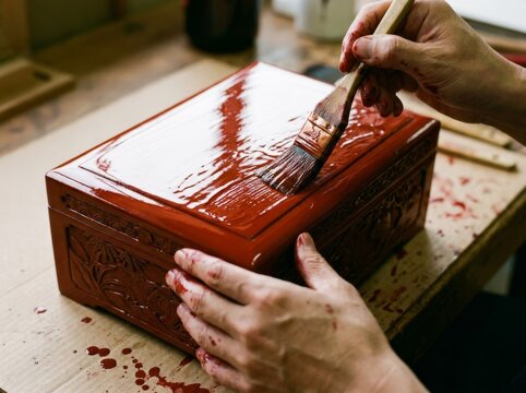 Artisan applying red lacquer to ornate wooden box with brush