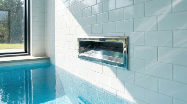 Sleek chrome overflow drain subtly visible in a tiled pool wall, reflecting light and water