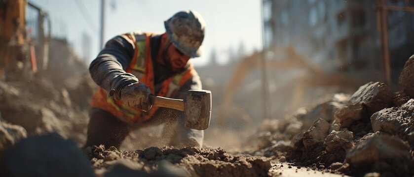Realistic documentary style photograph captured shallow depth of field using medium shot depicting construction worker his mid 40 rugged appearance wearing hard hat safety vest glove work boot
