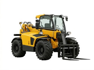 Fototapeta premium Yellow telehandler heavy machinery with fork attachment on white background forklift construction equipment