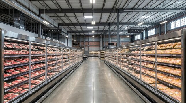 Modern Meat Department Inside a Large Supermarket supermarket