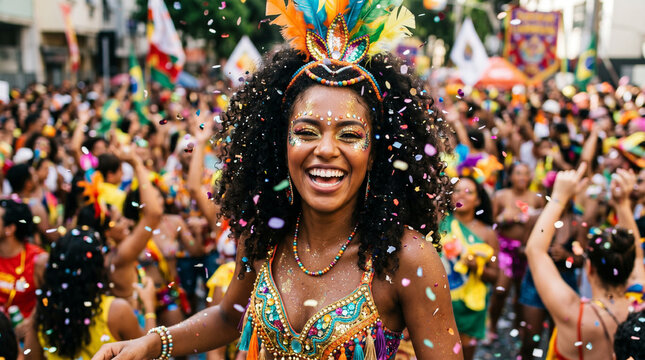 Mulher sorridente em desfile de carnaval brasileiro com fantasia colorida