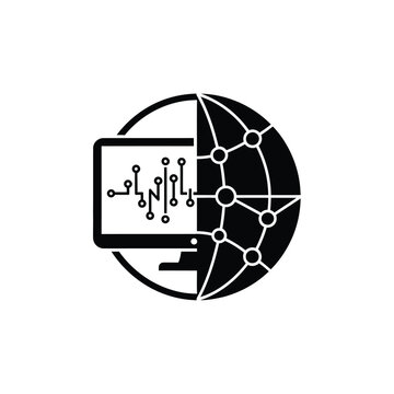 Global Data Network and Digital Technology Icon Featuring a Computer Monitor and Connected Globe Map for Software and Internet Concepts