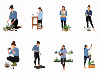 Obraz premium Flat vector illustrations of women engaged in various gardening activities, including making terrariums, caring for plants, and managing a plant business.