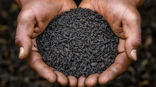 Hands holding an ornate bronze bowl filled with aged pu-erh loose leaf tea, with fresh green tea leaves scattered around.