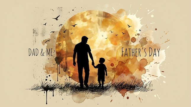 Dad and Child Silhouette Watercolor Art Fathers Day Illustration
