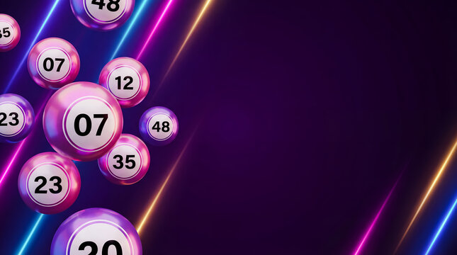 lottery balls gambling casino jackpot winning numbers luck betting game purple numbered balls along diagonal neon light trails on dark background for jackpot banner raffle campaign and betting ad