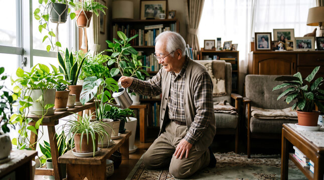 自室で観葉植物に水をやる高齢男性