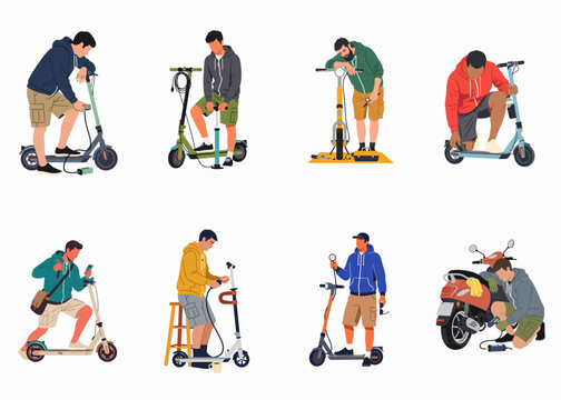 Set of flat illustrations showing men maintaining, repairing, charging, and riding electric scooters and mopeds for modern urban transportation.