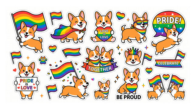 Set of funny Corgi cartoon animal characters illustration in collection of Pride Month for web design and Sticker on white background icon sheet