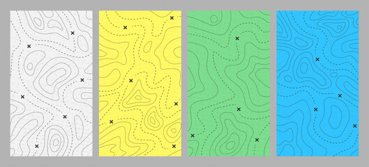 Vector illustration. Bright background. Topographic map contour lines with trail paths. Trendy abstract design for flyers, leaflets, vouchers, vertical banners, coupons. Colorful minimalist style. © VVadi4ka