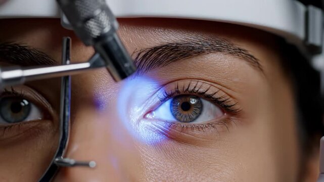 Ophthalmologist examining patients eye with slit lamp