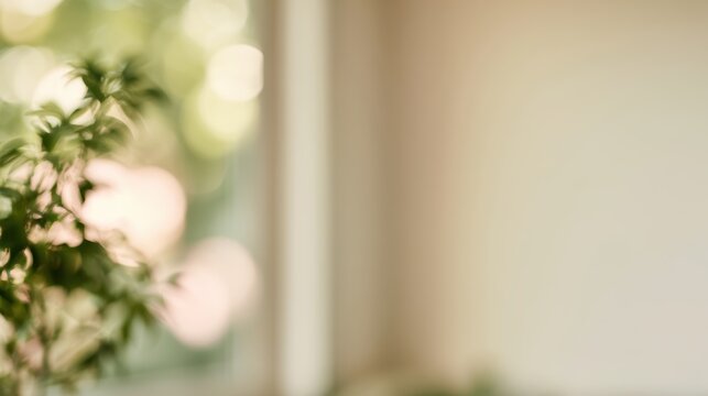 sun-drenched building interior with creamy bokeh and green accents