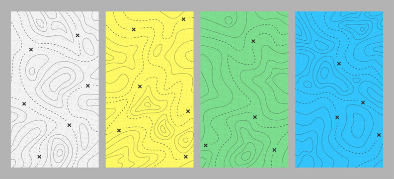 Vector illustration. Bright background. Topographic map contour lines with trail paths. Trendy abstract design for flyers, leaflets, vouchers, vertical banners, coupons. Colorful minimalist style.