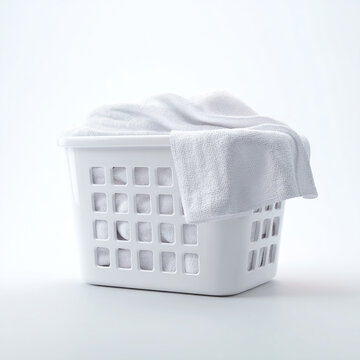 A minimalist laundry basket sits isolated on a crisp white background. This photorealistic 3D render features clean studio lighting, highlighting its sleek texture and modern functional design.