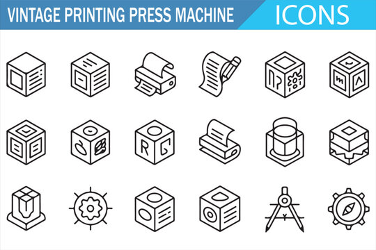 Vintage Printing Press Machine Icons with Classic Print Shop Equipment