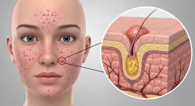 3D illustration of facial acne and skin pore anatomy