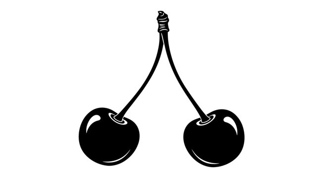 Minimalist and bold black silhouette illustration of two cherries gracefully connected by a slender stem, ideal for clean designs.