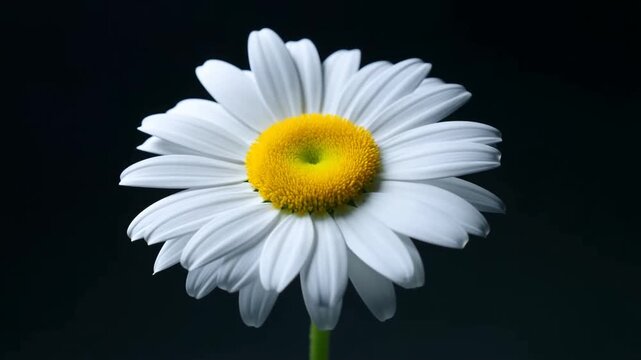 Time lapse of white daisy flower blooming and opening petals on black background
