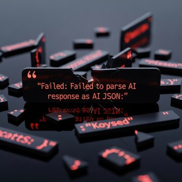 Broken black digital message fragments with red glowing error text failed to parse ai response.