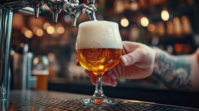 Bartender holding a freshly poured golden craft IPA beer with a perfect foam head at a bar tap.