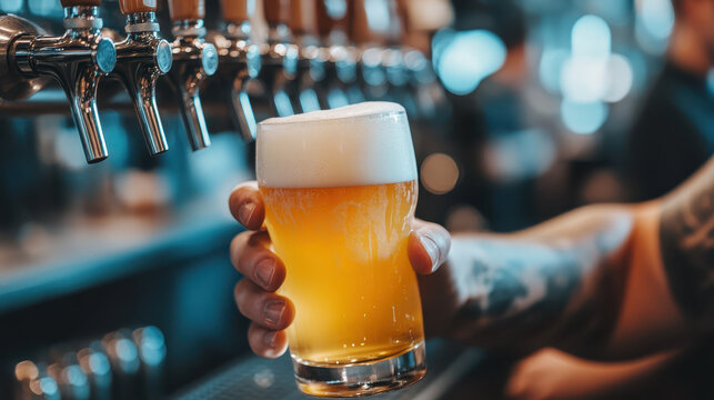 Bartender holding a freshly poured golden craft IPA beer with a perfect foam head at a bar tap.