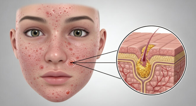 3D illustration of facial acne and skin pore anatomy