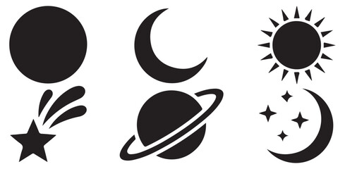 Cosmic vector icon set featuring sun, moon, star, planet, and celestial arrangements. © MdSamsul