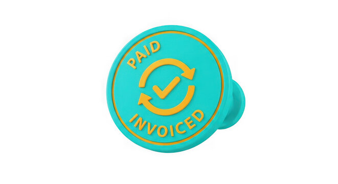 Circular teal stamp with orange paid invoice text and checkmark isolated on a transparent background