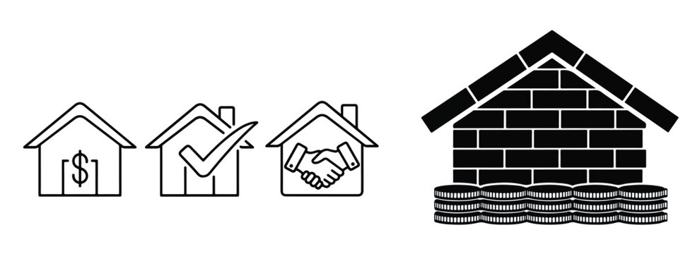 Real Estate and Mortgage Icon Set with House Dollar Sign, Approval Checkmark, Handshake, and Property Investment Symbols