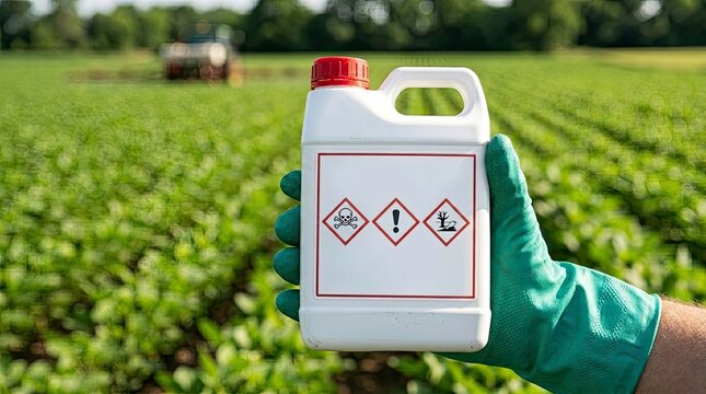 Person Holding Pesticide Container in Agricultural Field pesticide
