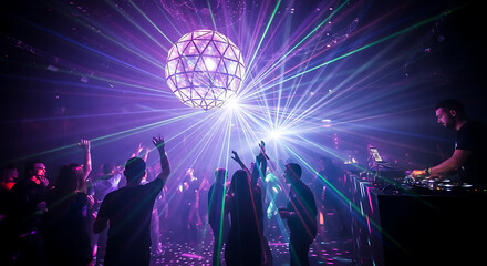 Iridescent disco ball reflecting light over a crowded dance floor on transparent background