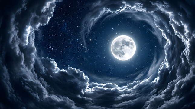 Mystical full moon glowing through swirling clouds under a starry night sky.