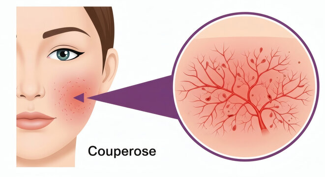 Couperose skin condition illustration on female face with capillaries