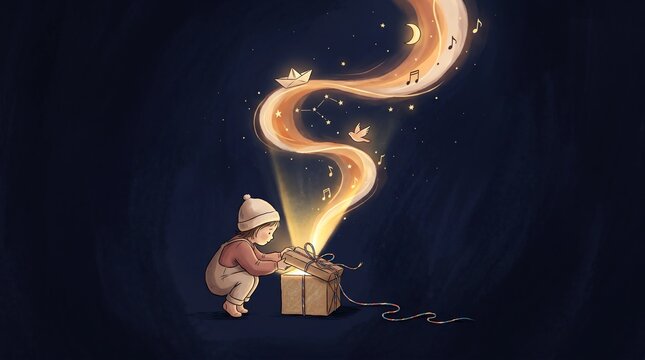 Young child opening a gift box with glowing music and lights for International Children's Day