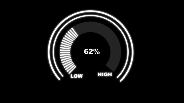 Glowing digital gauges move from high overload to safe low levels, presentation template, moving colorful needle, warning message, risk assessment icon from 100 to 0. tension indicator