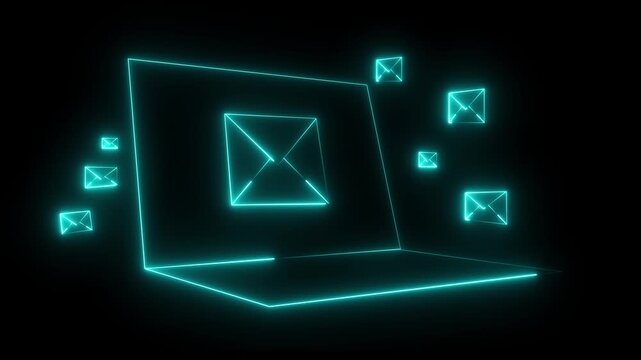 neon message icon animation with black background. message icon concept. Glowing email icon on a laptop screen. Message mail box..