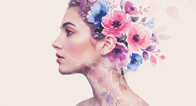 Portrait d'une femme coiff&eacute;e d'une parure florale, style aquarelle, concept artistique