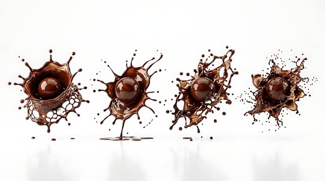 Four dynamic chocolate splashes frozen in motion against a white background.