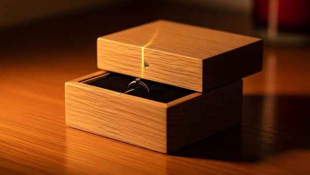 Open elegant wooden gift box with golden string tie on polished wooden table, warm dramatic lighting, luxurious and minimalist composition